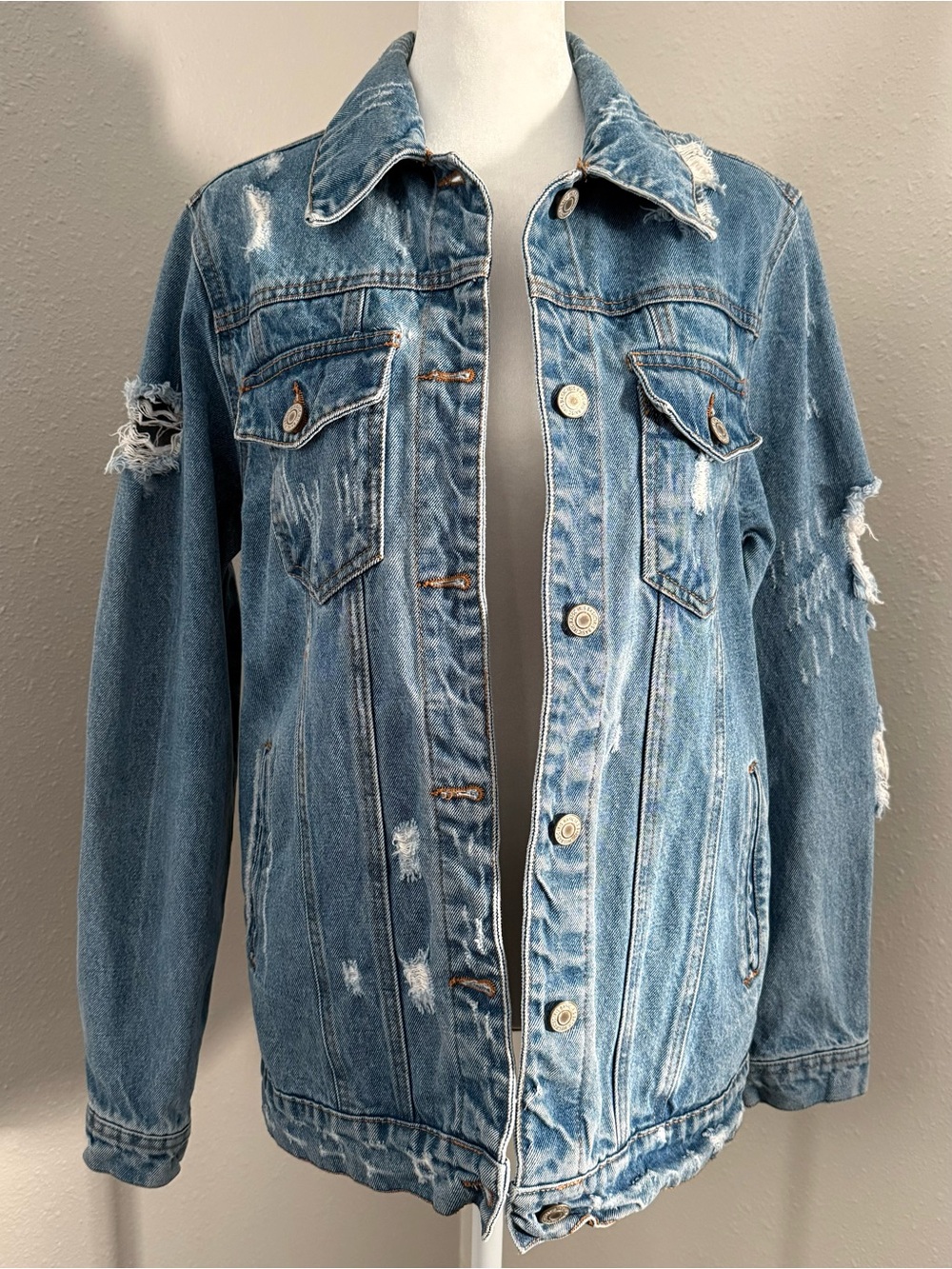 IRIS Distressed Denim Jacket Small Light Wash Ripped Back 100% Cotton Jean Coat